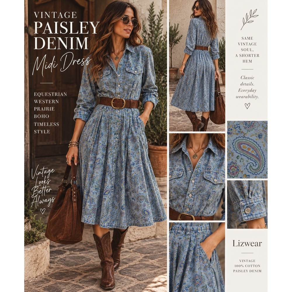 Vintage Paisley Denim Maxi Dress S Equestrian Western Prairie Boho Lizwear